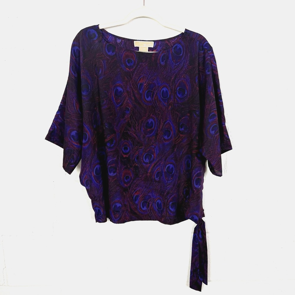Michael Kors Peacock Side Tie Top Plus Size 1X Blue Relaxed Maximalist Office